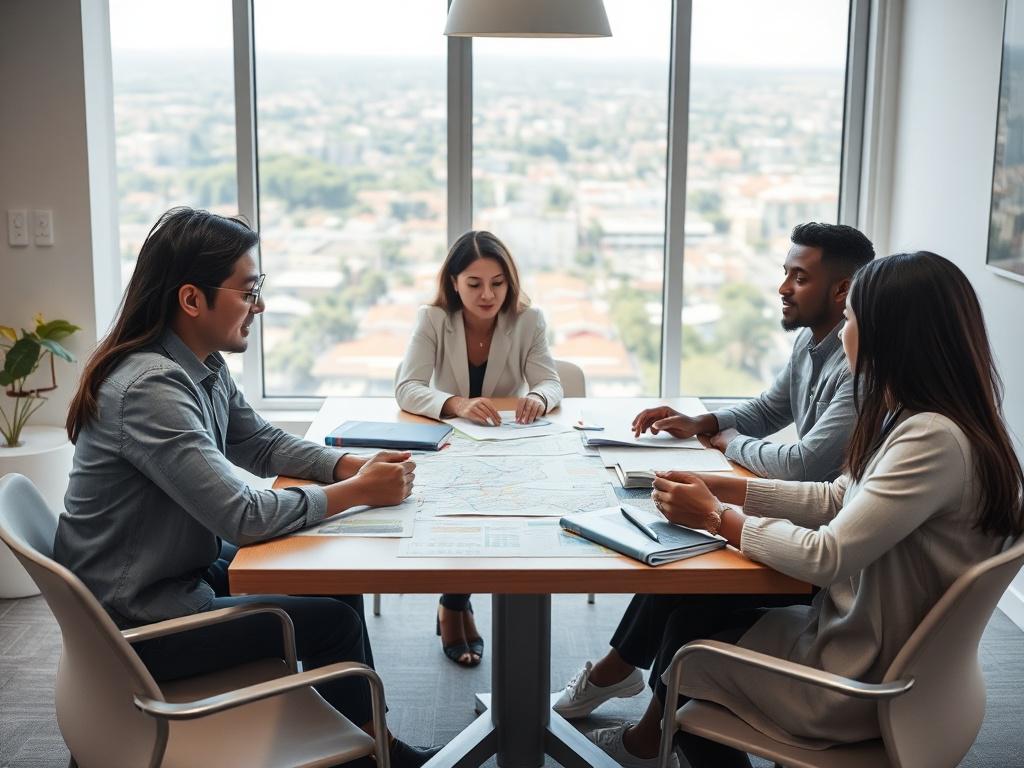 A serene image depicting a team of non-profit professionals brainstorming around a conference table. The setting is bright and inviting, with educational materials and community maps spread out before them. Focus on the diverse group engaged in discussion, with expressions of determination and hope. The background includes a window showcasing a view of a vibrant community, symbolizing the impact of their work.
