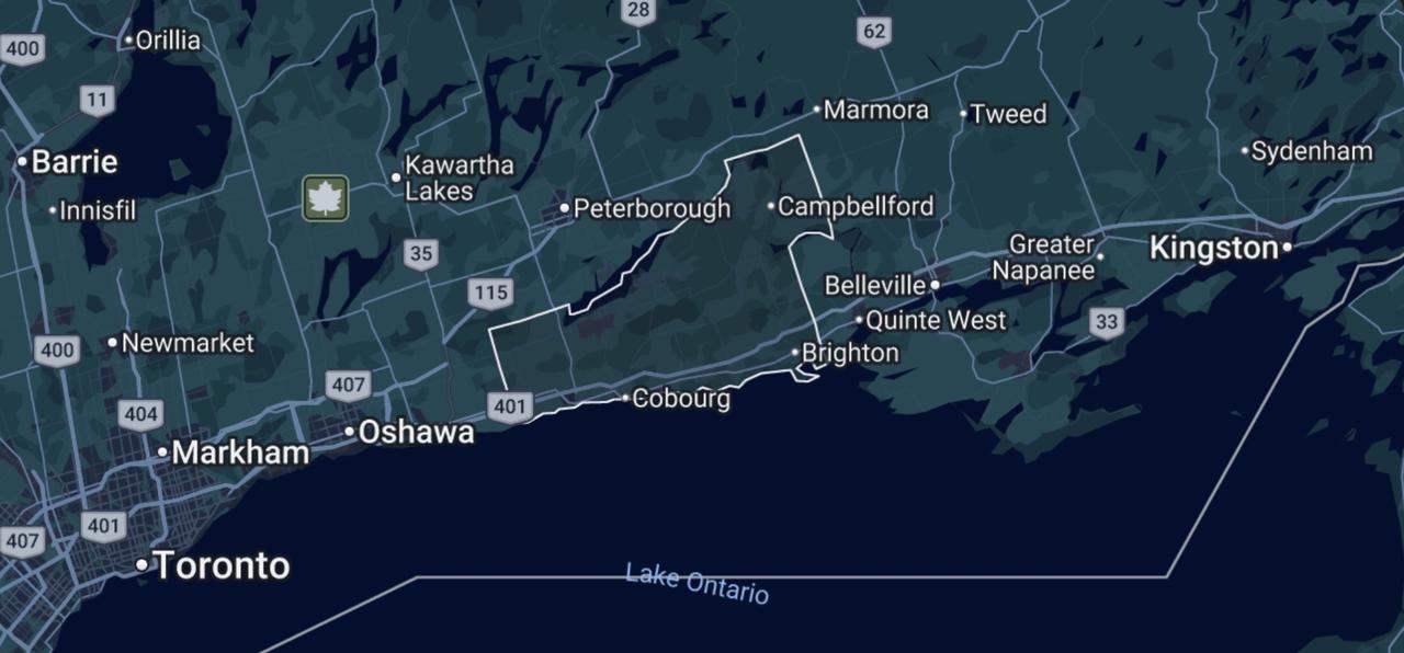 Service area map spanning Toronto to Belleville with Northumberland County highlighted
