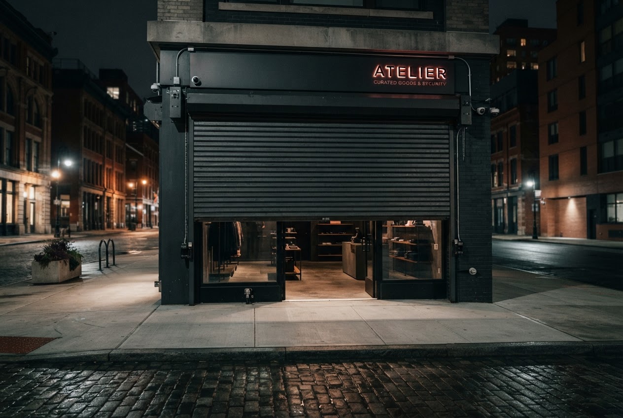 Commercial storefront protected by a heavy-duty rolling shutter door