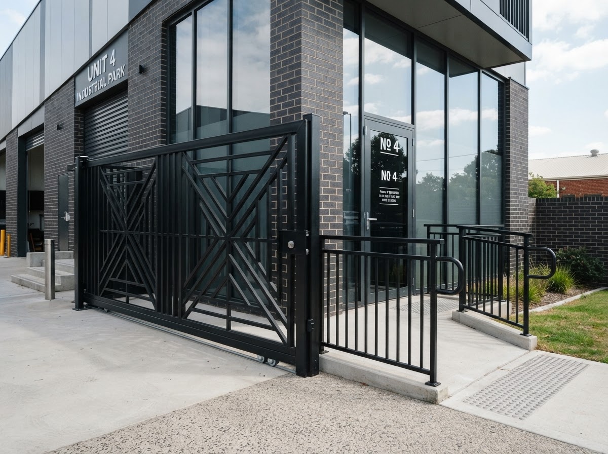 Metal gate and railing system installed on a commercial building entrance