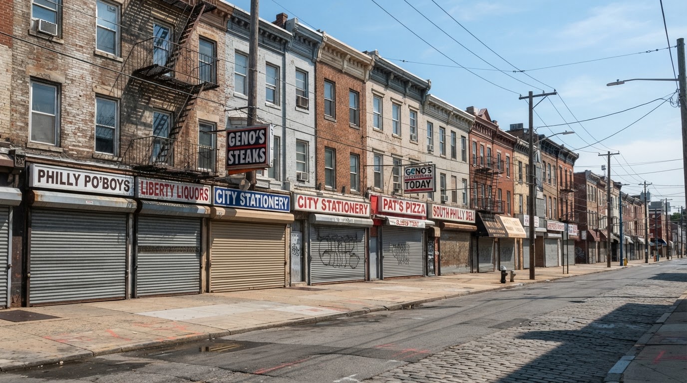 Commercial buildings and storefronts on a Philadelphia street
