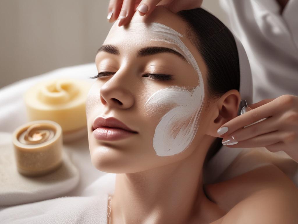 A close-up shot of a beauty professional applying skincare products on a client's face, showcasing a serene spa environment, soft natural lighting, and a clean aesthetic. The focus should be on the hands and the client's skin, with a blurred background emphasizing tranquility and professionalism.