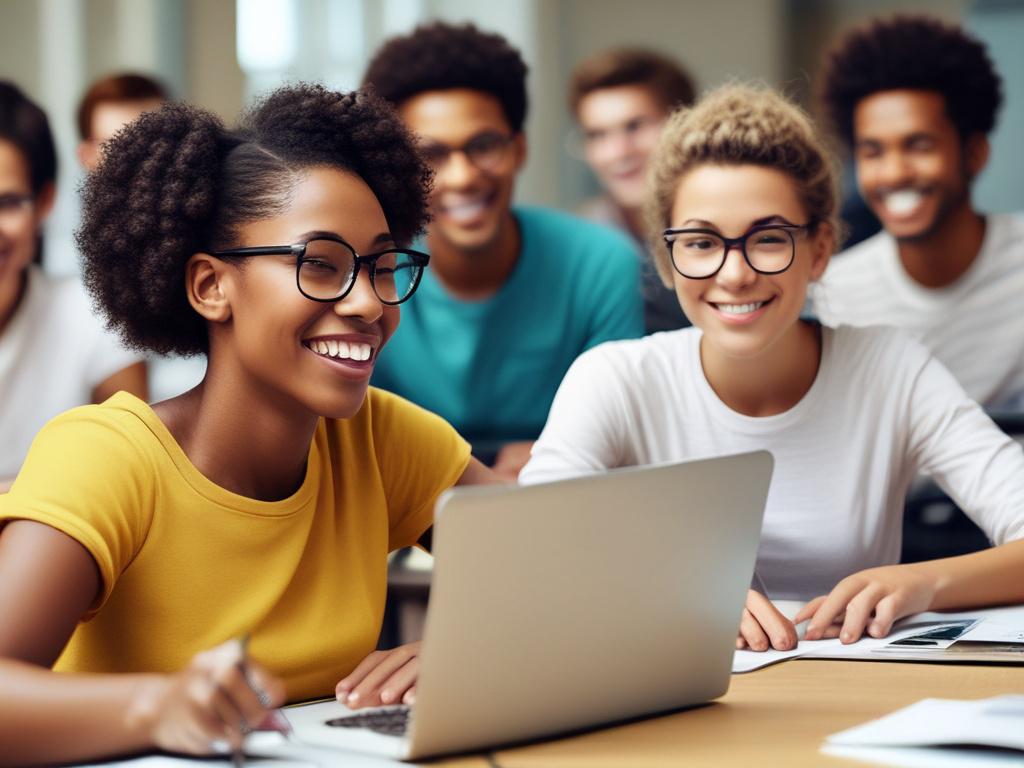 A hyper-realistic close-up shot of a diverse group of students engaged in an online IT course, using laptops and tablets. The background features a modern classroom setting with bright lighting and technology elements like digital screens. The focus is on the students' expressions of concentration and teamwork, with a color palette that harmonizes with the rgb(50, 170, 39) primary color.