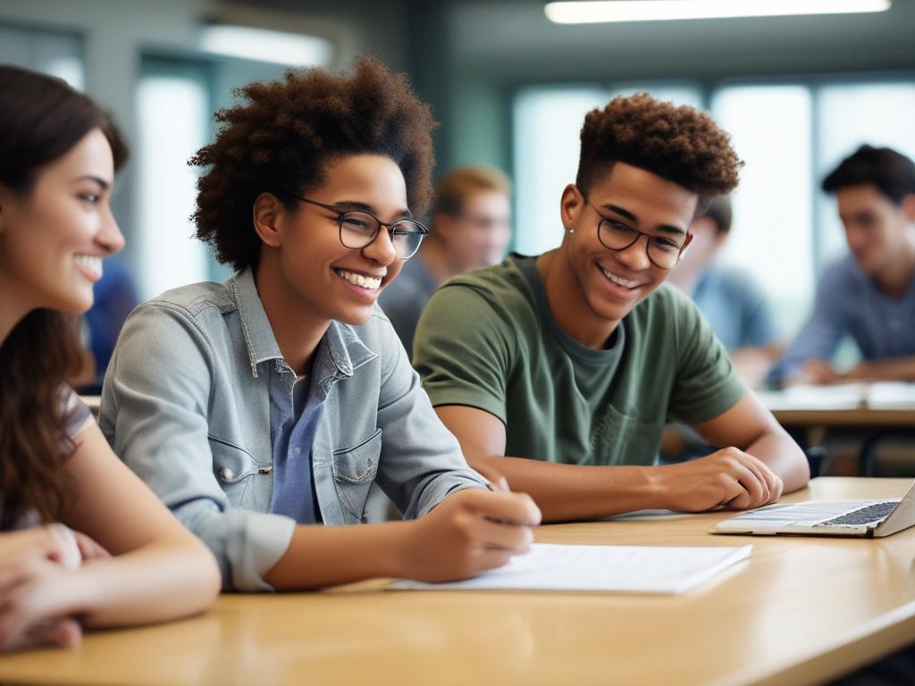 A close-up shot of a diverse group of students engaged in a basic studies course, showcasing a classroom environment with modern technology. The focus should be on the students smiling and interacting with a digital tablet or laptop, with a clean and bright background that emphasizes learning and collaboration. The image should be realistic and high-resolution, capturing the essence of education and teamwork.