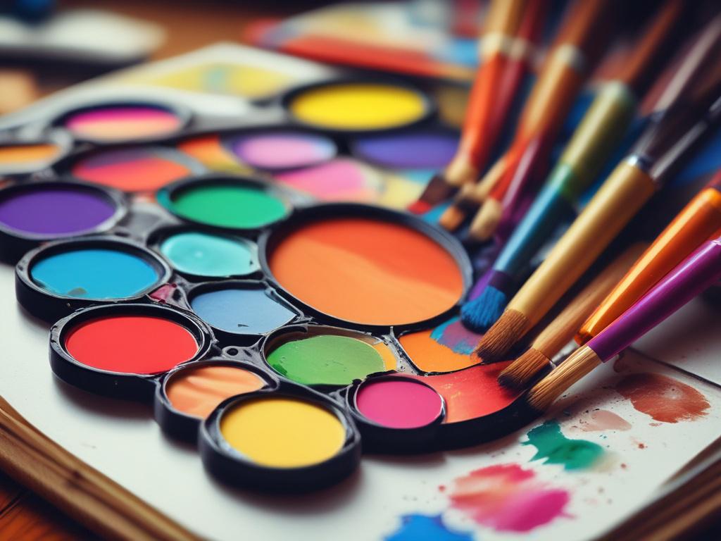 A close-up shot of a vibrant artist's palette with various colors, brushes scattered around, and a sketchpad in the background, capturing the essence of creativity and art-making, hyper-realistic style, soft natural lighting.