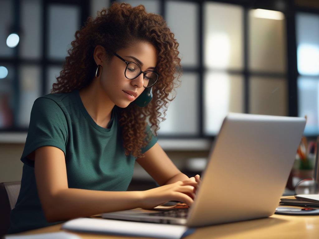 A close-up shot of a student engaging in an online course on a laptop, focusing on the screen with vibrant course materials displayed. The background features a modern, well-lit study space with books and a plant, emphasizing a conducive learning environment. The image should have a hyper-realistic style, shot with a 45mm f/1.2 lens, highlighting the colors of the scene, especially the primary color rgb(50, 170, 39).