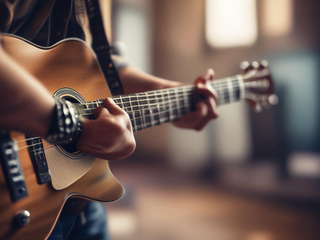 A close-up shot of a person playing a guitar, showcasing their hands on the strings, with a blurred background of a music studio. The image should be hyper-realistic and vibrant, focusing on the details of the guitar and the person's expression while playing, with soft natural lighting.