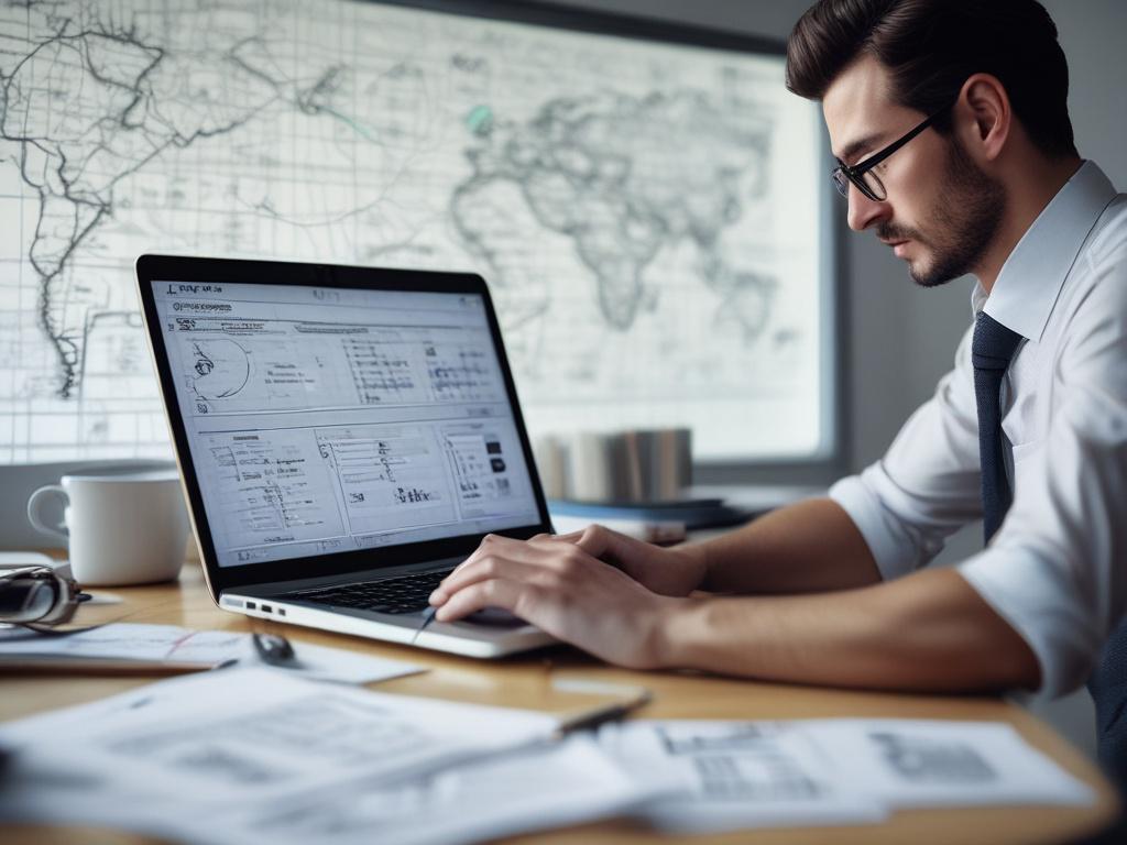 A focused close-up of a professional working on a laptop in a modern office setting, surrounded by organizational charts and business documents, captured in high resolution with a hyper-realistic style, emphasizing the vibrant green color of the primary branding.