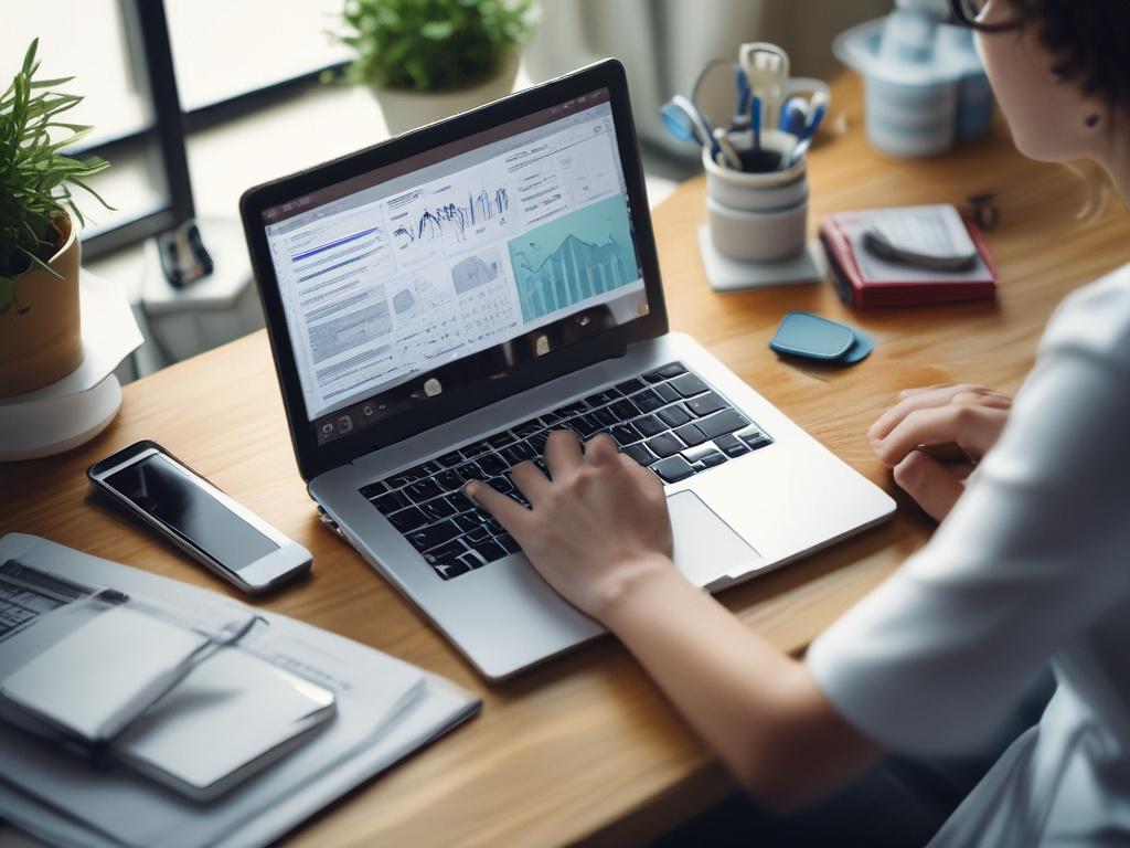 close-up shot of a healthcare professional studying on a laptop, surrounded by health-related materials, bright and organized workspace, hyper-realistic, 45mm f/1.2 lens style