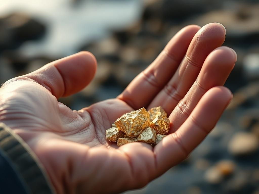 **AI Image Generator Prompt:**

Create a realistic high-resolution photograph capturing the essence of placer gold mining for a blog titled "Discovering Placer Gold: A Journey into the Heart of Mining." The primary subject should be a close-up of a small, sparkling nugget of placer gold nestled in a hand, showcasing its light brown and white tones along with glittering highlights that convey its captivating allure. The hand should be adorned with earthy, rugged textures, hinting at the physical labor of min