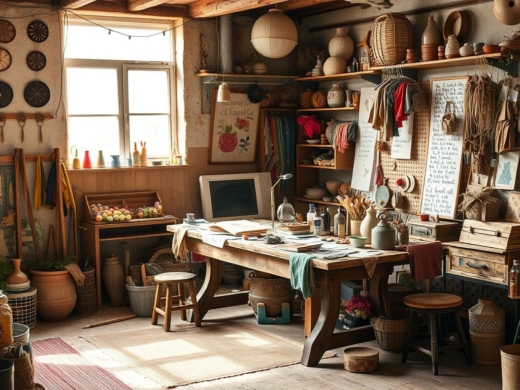 A cozy, rustic crafting studio filled with various handmade items