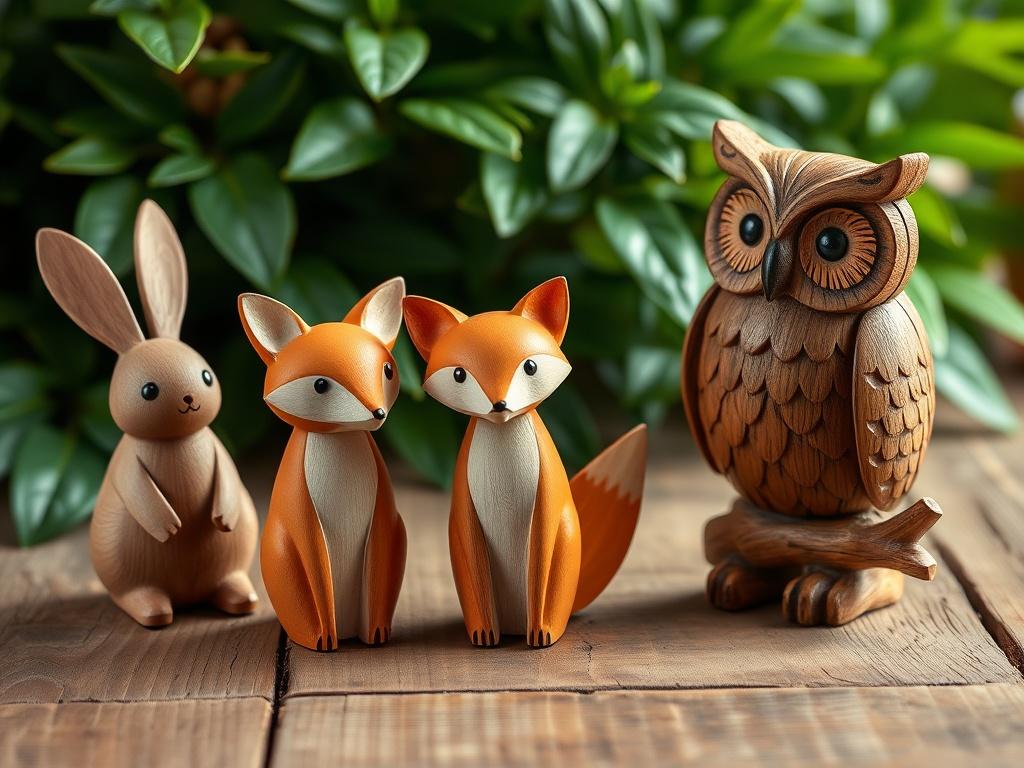 A collection of handcrafted wooden animal figurines, showcasing a rabbit,