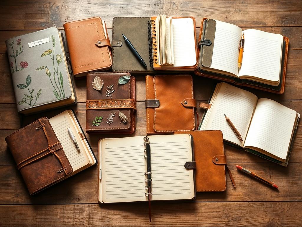 An array of custom made journals displayed on a wooden
