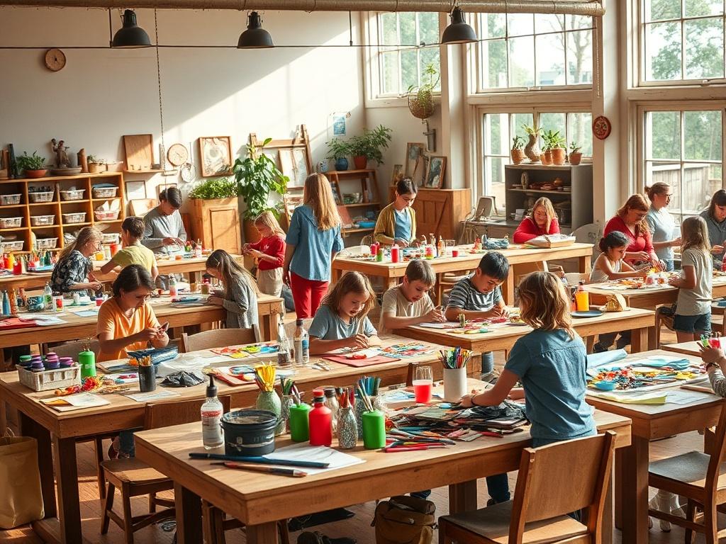 A vibrant workshop setting with several tables filled with crafting