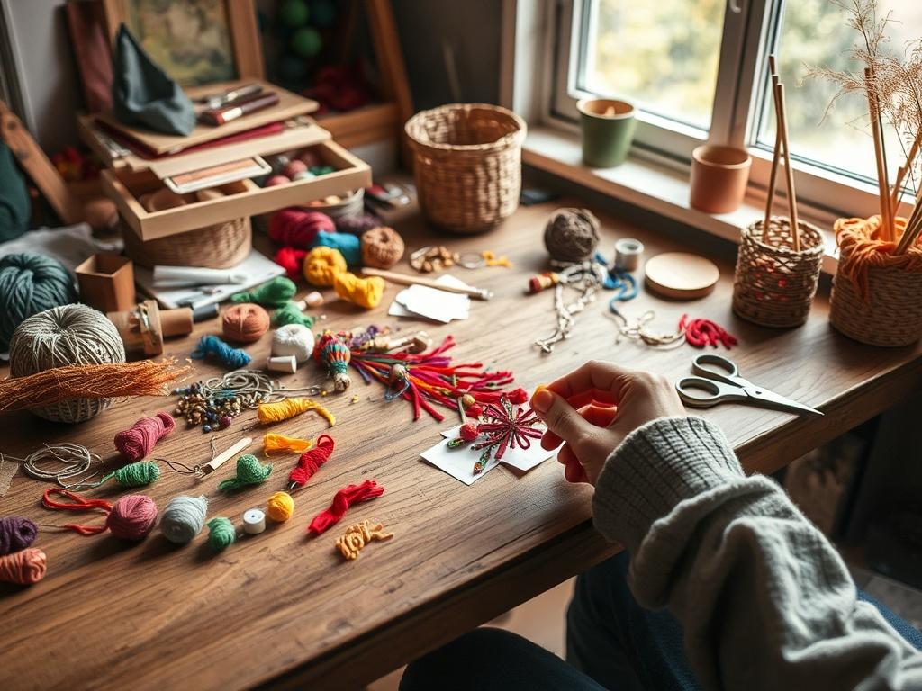 A serene workspace with a wooden table, scattered colorful crafting