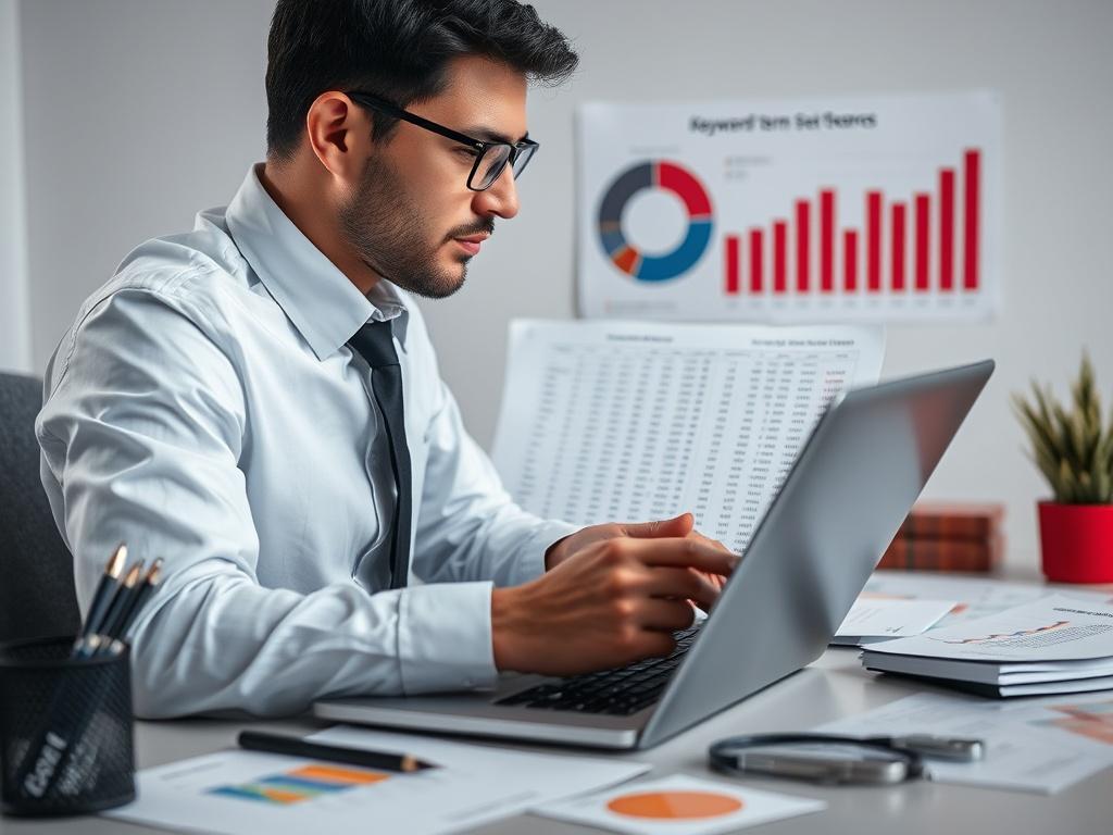 A close up shot of a professional examining keyword data
