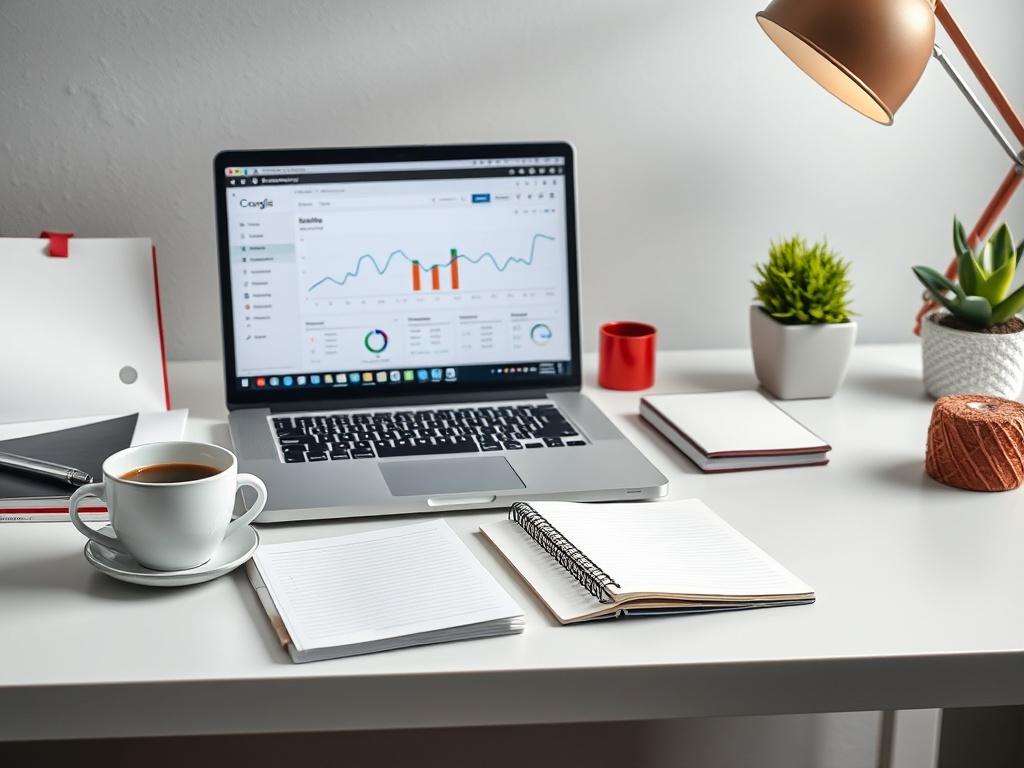 A simple desk setup with a laptop open to a