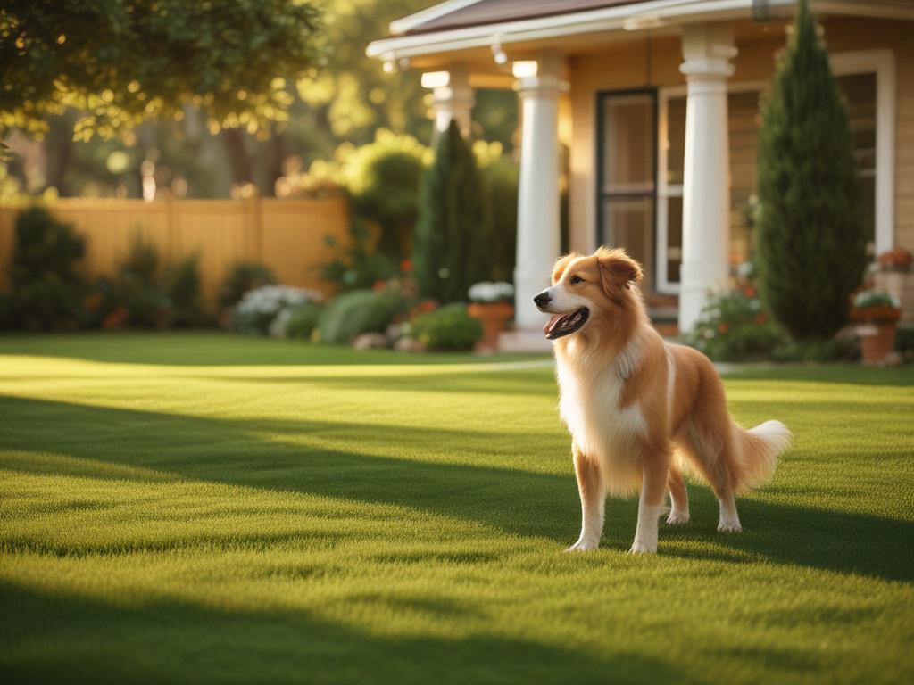 A serene backyard scene bathed in golden hues, showcasing a