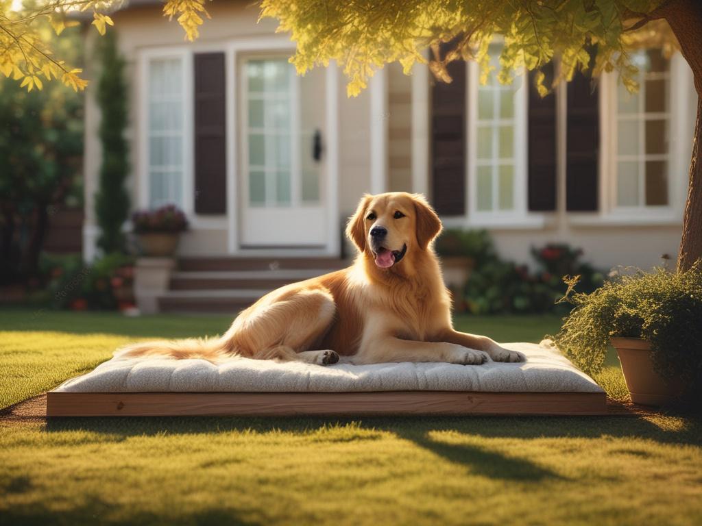 a peaceful backyard setting with a dog playing and a