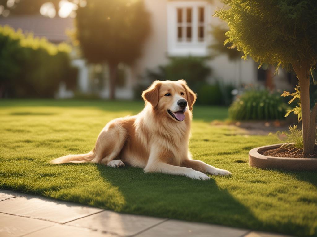 a serene backyard with a well maintained lawn, a happy