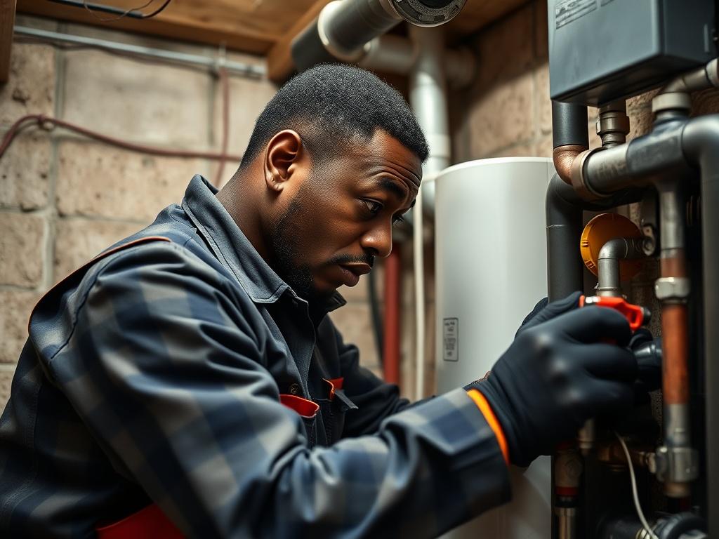 A Black African American plumber installing a heating system in a basement, focused on setting up the equipment. The scene should convey professionalism, with tools and safety gear visible, highlighting the plumber's expertise in heating installations.