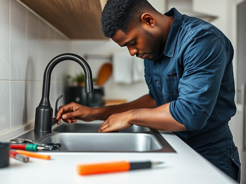 A Black African American plumber in a uniform, focused on repairing a sink under the kitchen counter, surrounded by tools. The setting should be professional and clean, showcasing the plumber's expertise and attention to detail. The background should feature modern kitchen elements, emphasizing a home environment.