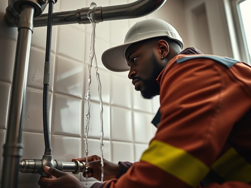A Black African American plumber in an emergency response uniform, addressing a plumbing crisis in a home, with water leaks visible. The image should capture the urgency of the situation, showcasing the plumber's professionalism and quick response.