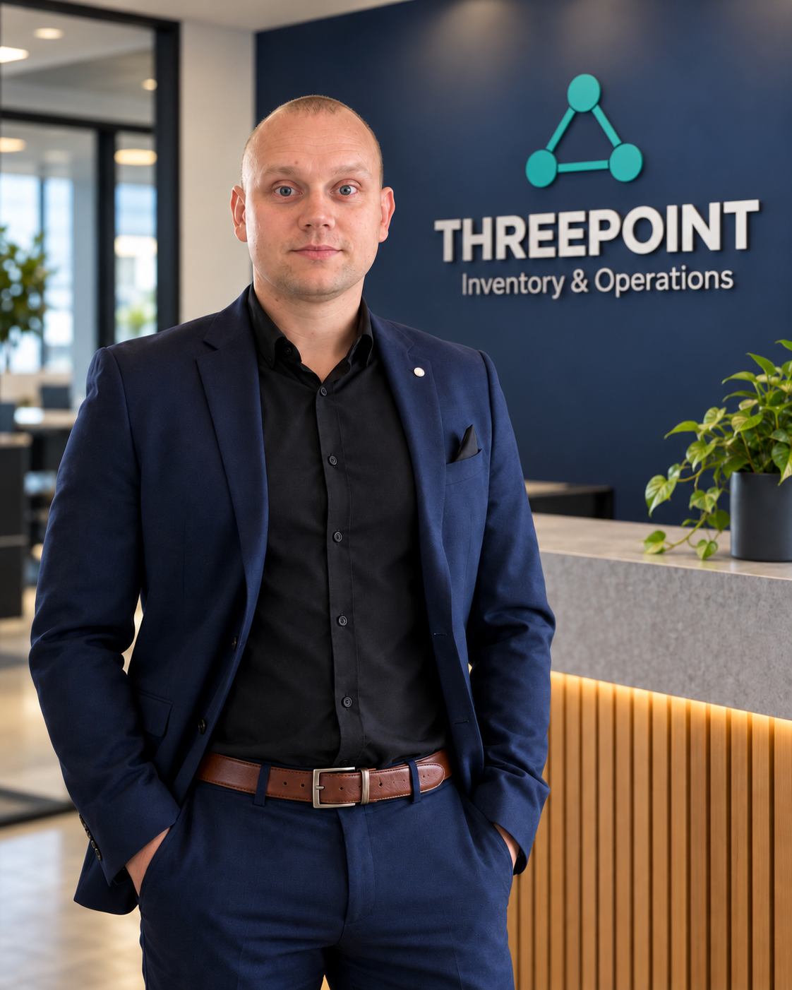 Joshua Duffy, ThreePoint Founder & Owner, wearing a navy suit