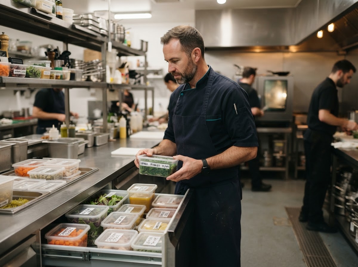 Chef reviewing ingredients and stock in a commercial kitchen