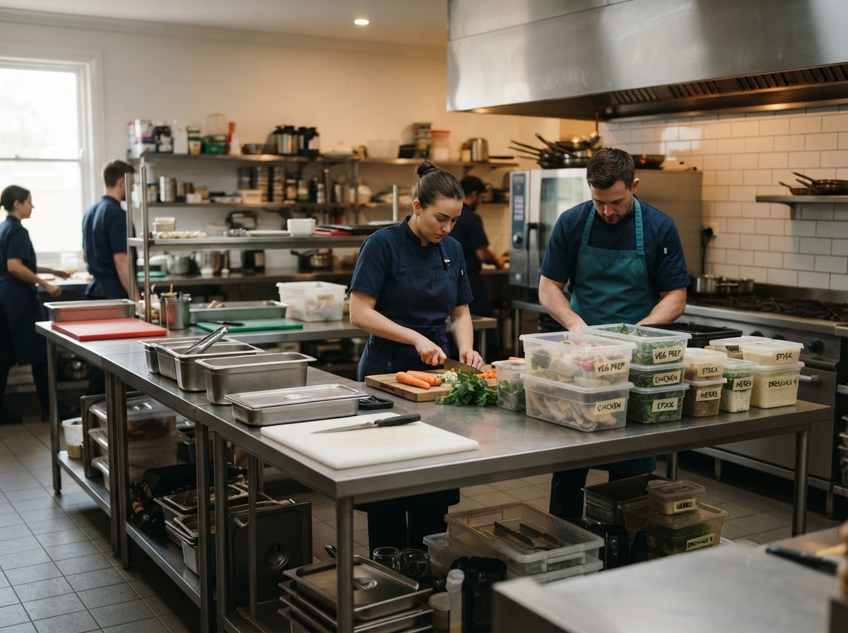 Commercial kitchen preparing food for catering operations