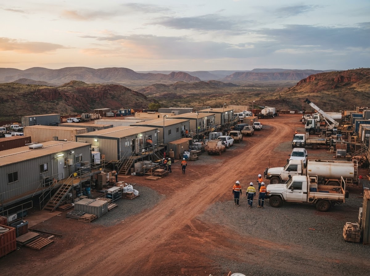 Remote Australian project site with service vehicles and stores