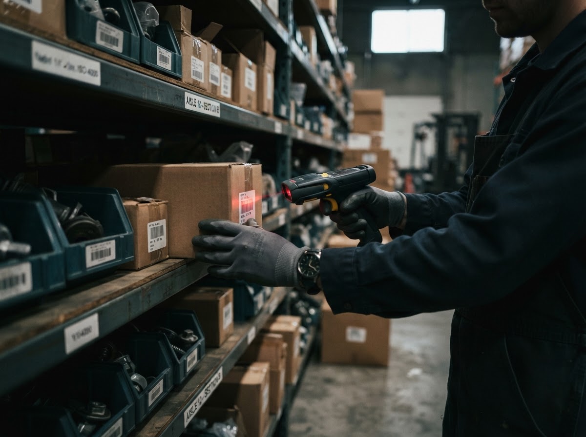 Stocktake worker scanning warehouse inventory for an accurate count