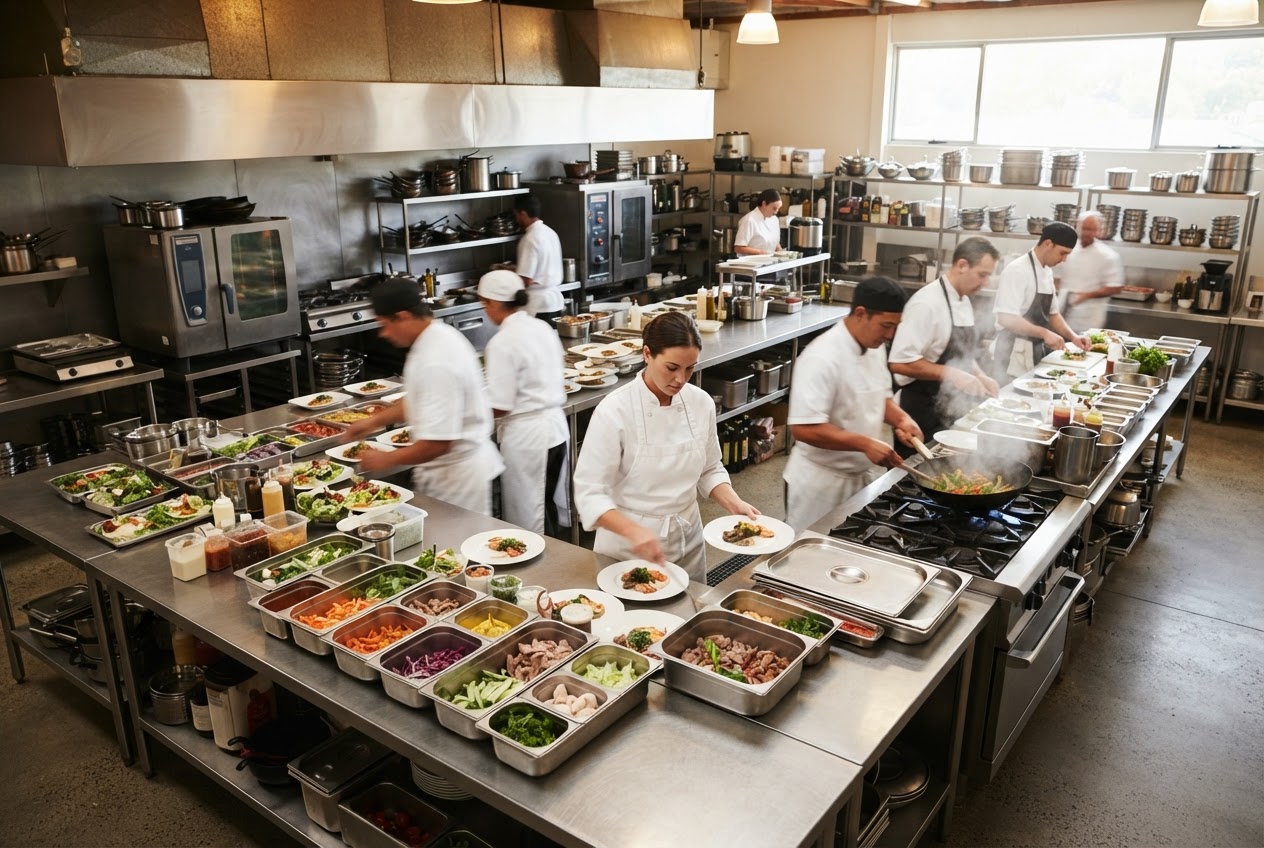 Chefs preparing meals in an organized large-scale commercial catering kitchen