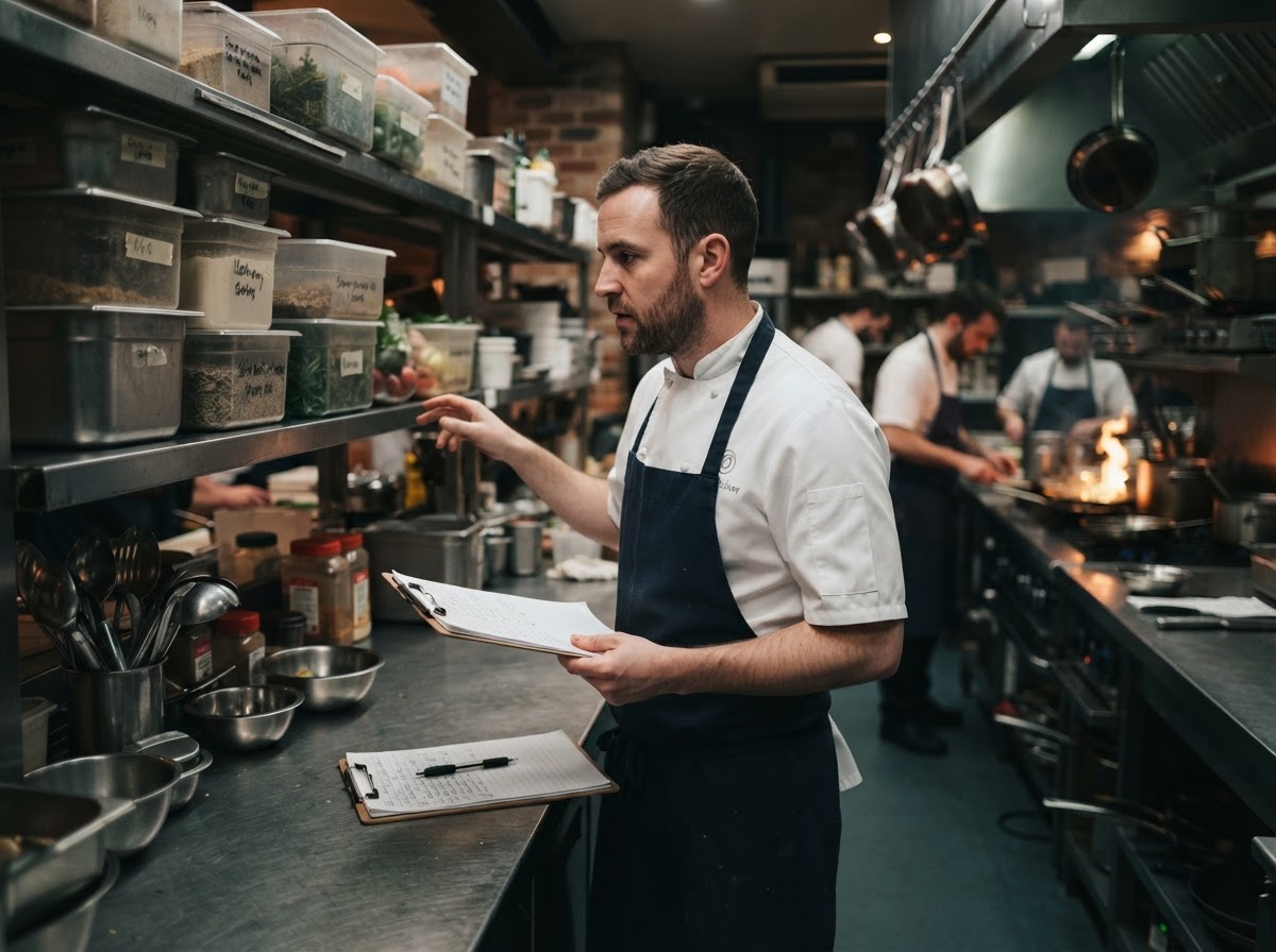 Chef reviewing kitchen ingredients and stock