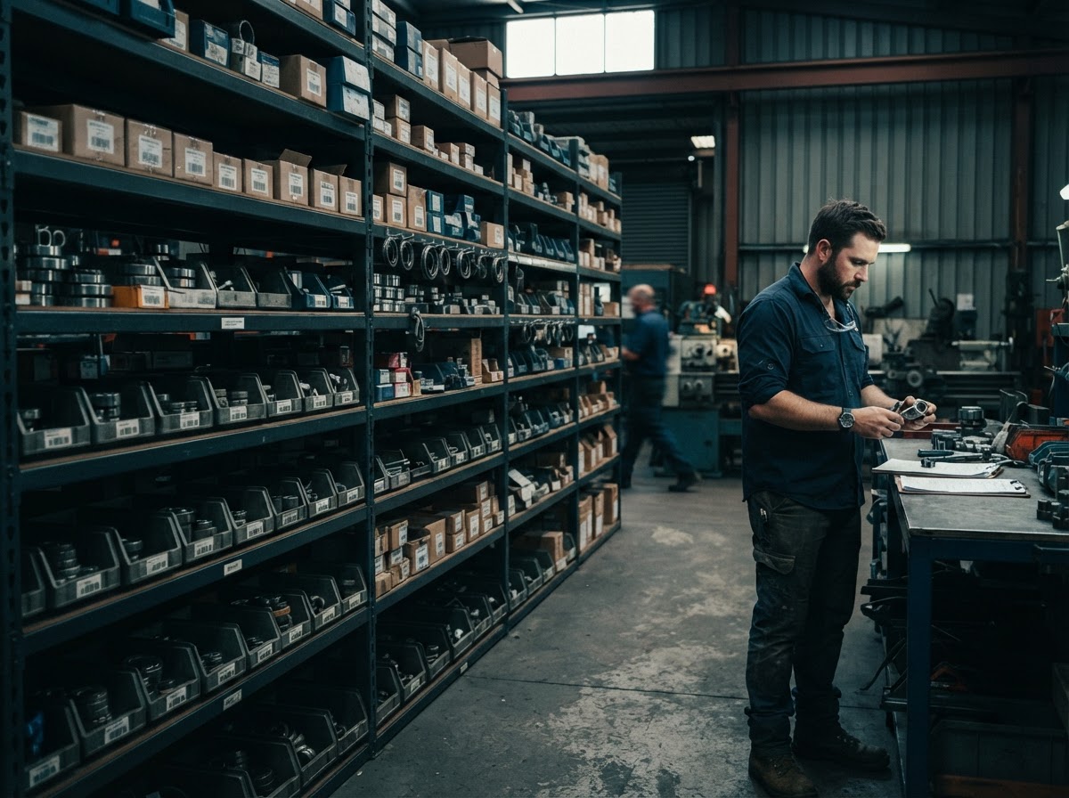 Parts and inventory inside an organised mechanical workshop