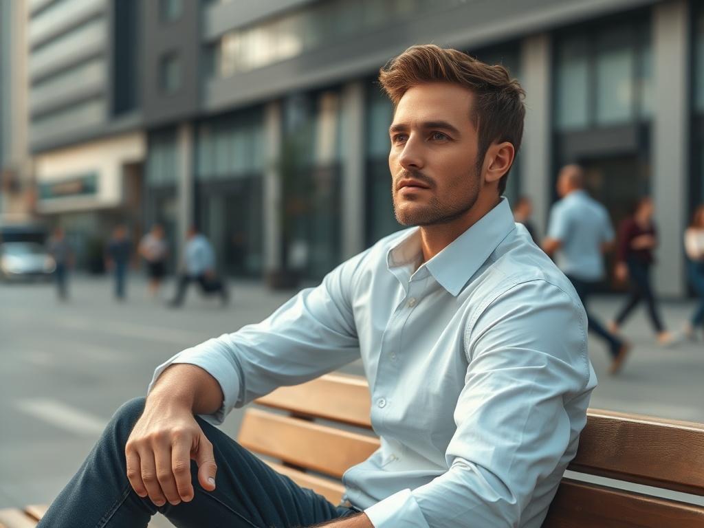 Create a hyper-realistic high-resolution image that embodies the essence of the blog title "The Modern Stoic Man: Strength, Clarity, and Presence in a Chaotic World." The composition should be simple and clear, focusing solely on one subject: a modern man in a contemplative pose. He should be mid-30s, with a strong yet approachable demeanor, exuding confidence and calmness.

The subject should be seated on a minimalist wooden bench in an outdoor urban setting, with soft natural light illuminating his face. 