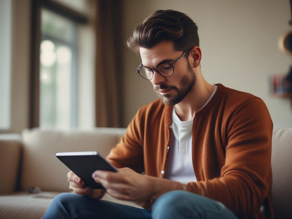 A close up shot of a man reading an e
