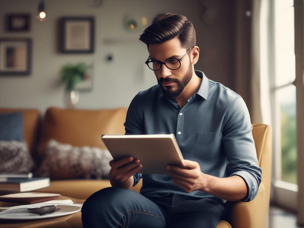 A hyper-realistic close-up of a man reading the e-book 'Emotional Mastery Techniques' in a cozy living room setting. The background features a comfortable chair and a small table with a steaming cup of tea, evoking a sense of calm and focus. The colors complement rgb(50, 170, 39) and the lighting is soft, highlighting the man's engaged expression.