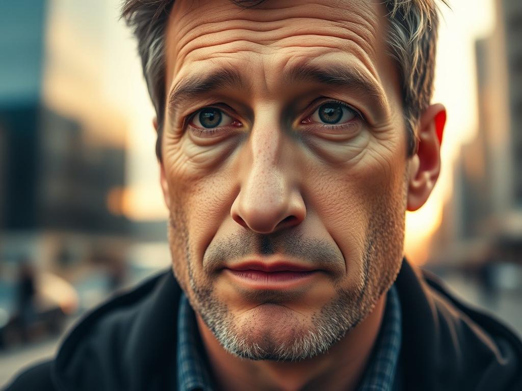A close-up shot of a thoughtful man in his 30s, reflecting deep emotional mastery. He has a calm expression, with a city backdrop suggesting modern life. The composition focuses on his facial features, highlighting a sense of inner strength and resilience. The background is softly blurred to emphasize the subject, with warm tones that match the rgb(193, 153, 87) color palette.