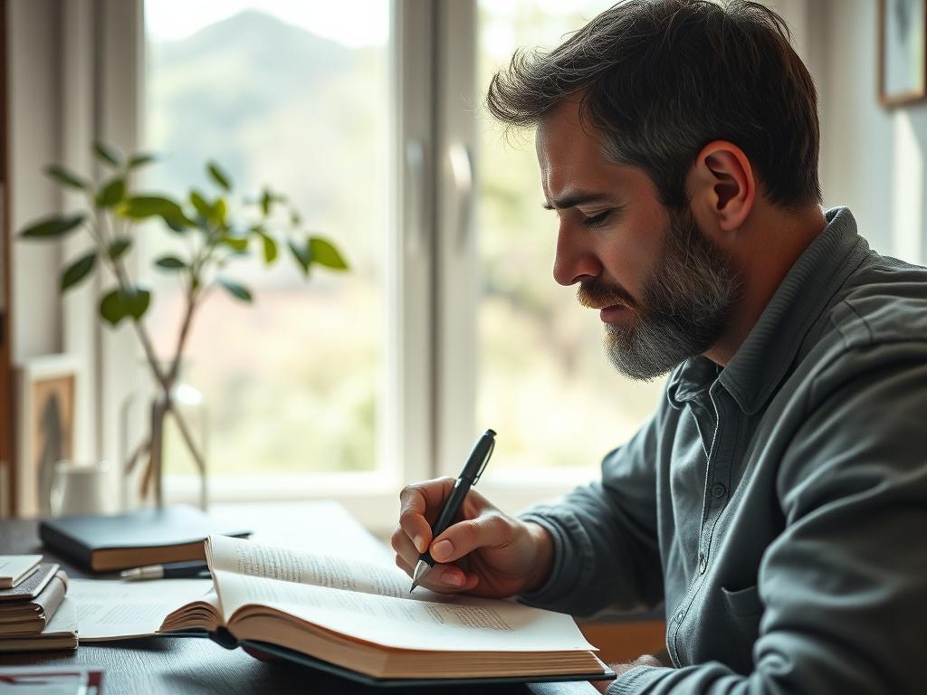 An intimate close-up of a man writing in a journal, reflecting on Stoic principles, set against a backdrop of a serene, minimalist study. Natural light filters in, highlighting his focused expression as he contemplates. The surrounding environment is calm and organized, with elements of nature visible outside a window. The color tone should resonate with rgb(193, 153, 87), emphasizing tranquility.