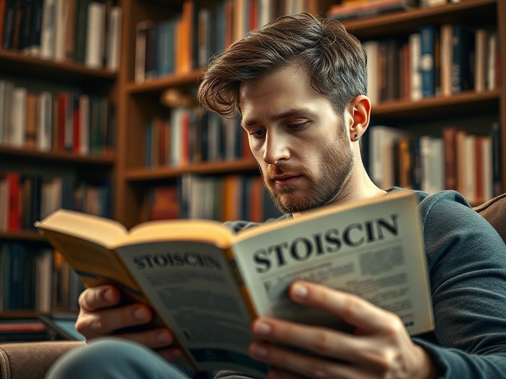 A close-up shot of a thoughtful man reading an e-book on Stoicism, seated in a cozy, modern living room environment. Soft lighting accentuates his focused expression, with a blurred background of bookshelves filled with philosophical texts. The color palette reflects a warm, inviting atmosphere, compatible with rgb(193, 153, 87). The image should capture a moment of introspection and learning.