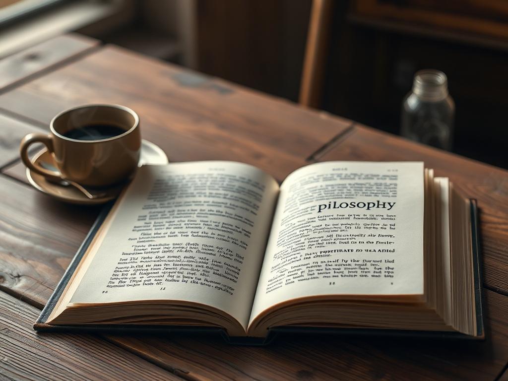 A close-up shot of an open e-book depicting Stoic philosophy, resting on a rustic wooden table with a steaming cup of coffee beside it. The setting evokes a sense of calm reflection, with soft shadows and warm lighting enhancing the inviting atmosphere. The image should reflect a thoughtful approach to learning, consistent with the color scheme of rgb(193, 153, 87).