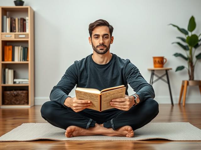 **Prompt for AI Image Generator:** 

Create a realistic high-resolution photo focusing on a single male subject in a serene indoor setting that embodies the theme of "Practical Stoic Exercises to Build Emotional Resilience." The subject should be a man in his early 30s, showcasing a calm and reflective demeanor. He is sitting cross-legged on a simple, neutral-colored mat, dressed in comfortable, casual attire, suggesting accessibility and approachability.

In his hands, he holds a journal, open to a page wi