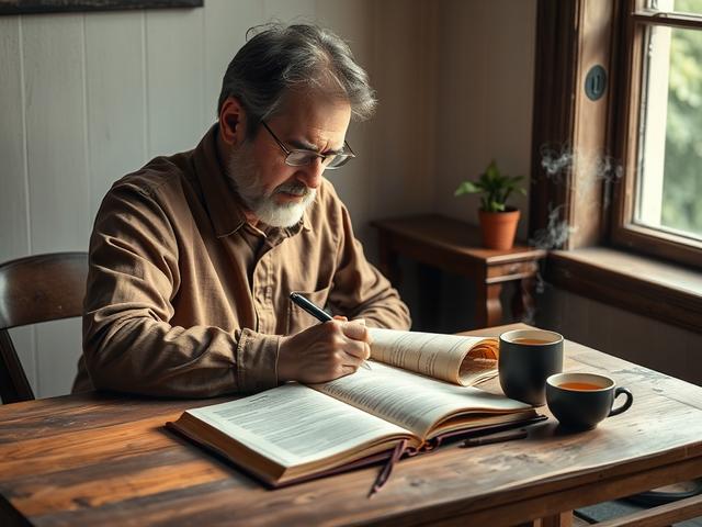 Create a realistic high-resolution photo capturing a contemplative scene that embodies the essence of reflection and journaling in Stoic practice. The composition should be clean and straightforward, featuring a single subject: a middle-aged man seated at a rustic wooden desk, deeply focused on writing in a leather-bound journal. His expression should reflect calmness and introspection, showcasing the thoughtful nature of the Stoic philosophy.

The background should present a serene environment, featuring s
