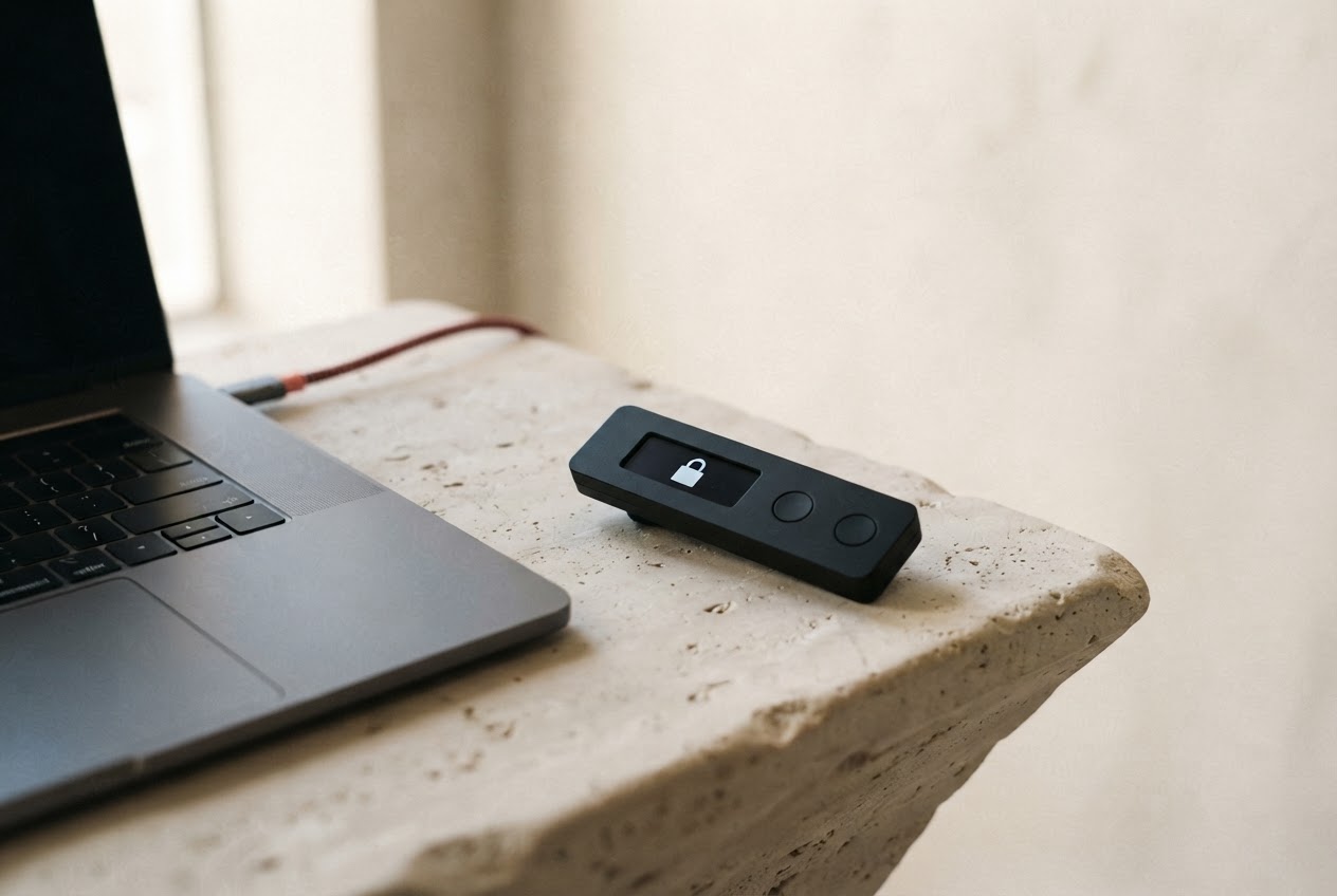A discreet black hardware wallet on a light stone desk beside a laptop
