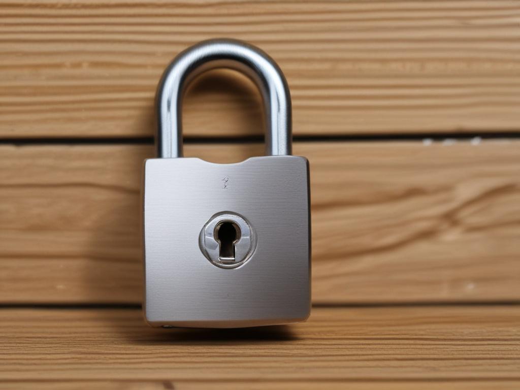 Create a realistic high-resolution photo of a professional-looking padlock on a wooden desk. The padlock should be shiny and well-defined, symbolizing security and trust. The background should be softly blurred, enhancing the focus on the padlock. The color scheme should harmonize with rgb(50, 170, 39), giving a sense of safety and reliability. The composition should feel warm and inviting, creating a sense of assurance.