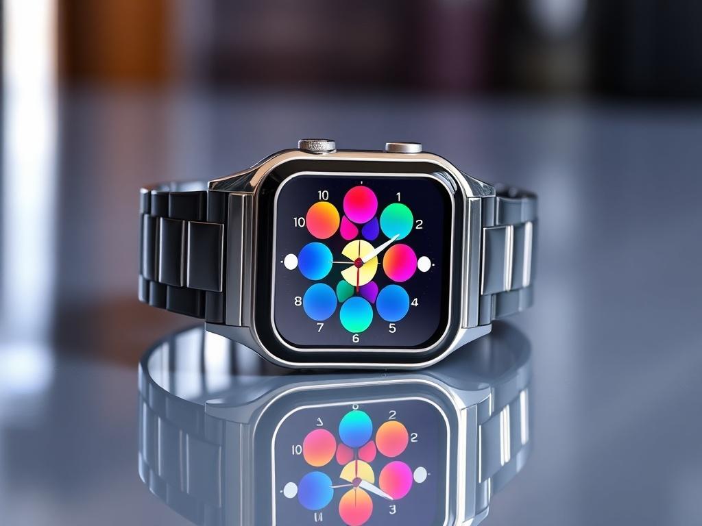 A high-resolution image of a modern smartwatch with a vibrant display, resting on a sleek surface. The watch features a colorful customizable watch face, with a blurred background to highlight its shiny and glossy finish.
