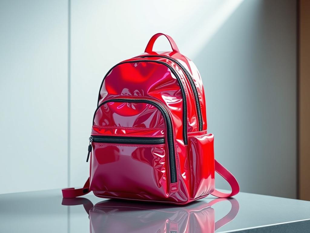 A high-resolution image of a trendy backpack placed on a modern surface, showcasing its stylish design and compartments. The backpack should have a glossy finish, with a vibrant color that stands out against a subtle background.