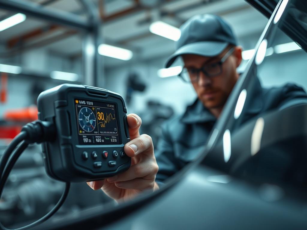 A close up shot of a diagnostic tool displaying readings