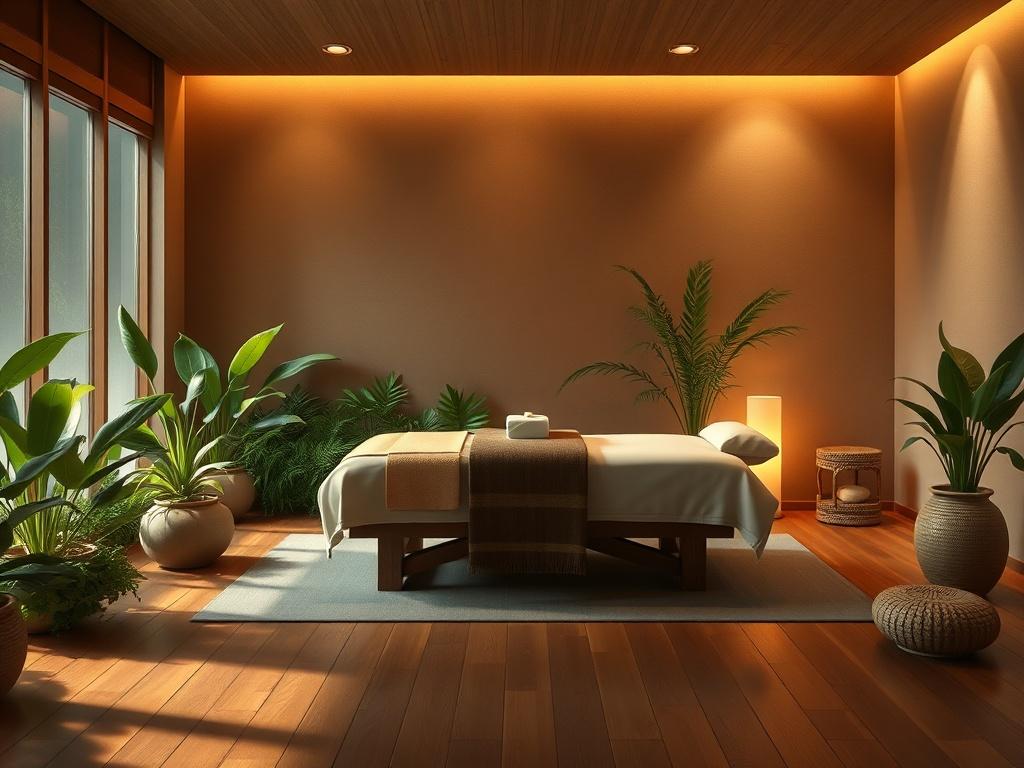 A serene zen space featuring a wooden floor and lush green vegetation. The atmosphere is calming with low-intensity brown lighting that creates a peaceful ambiance. In the center of the scene, a massage bed invites relaxation and rejuvenation, surrounded by natural elements that promote wellness and tranquility.